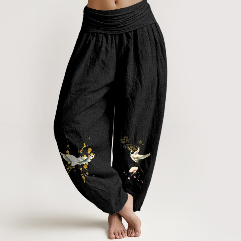Pantalón tipo harem de mujer, de algodón puro, con cintura elástica, estampado de Buddha Stones , grulla, nubes auspiciosas y flores. - Negro - US16，UK/AU20，EU48 (3XL) - image 11