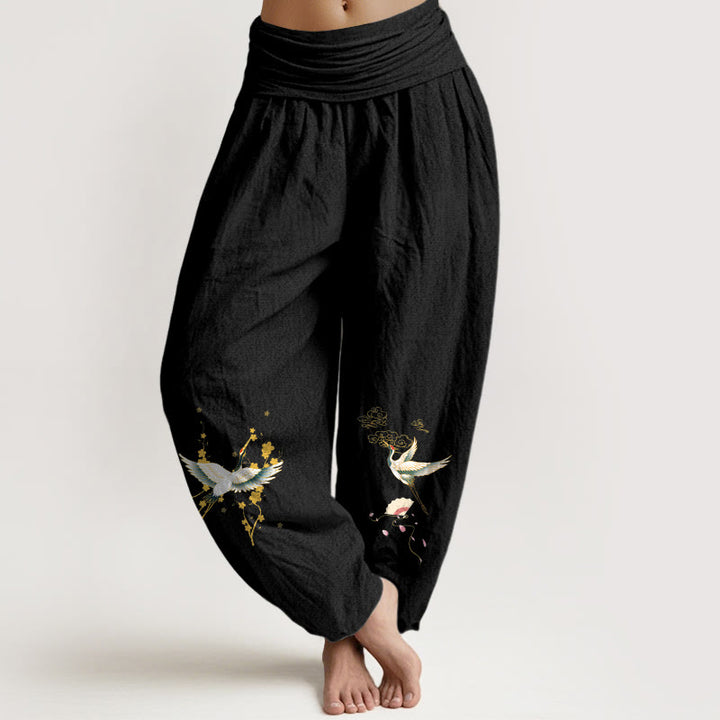 Pantalón tipo harem de mujer, de algodón puro, con cintura elástica, estampado de Buddha Stones , grulla, nubes auspiciosas y flores. - Negro - US16，UK/AU20，EU48 (3XL) - image 11