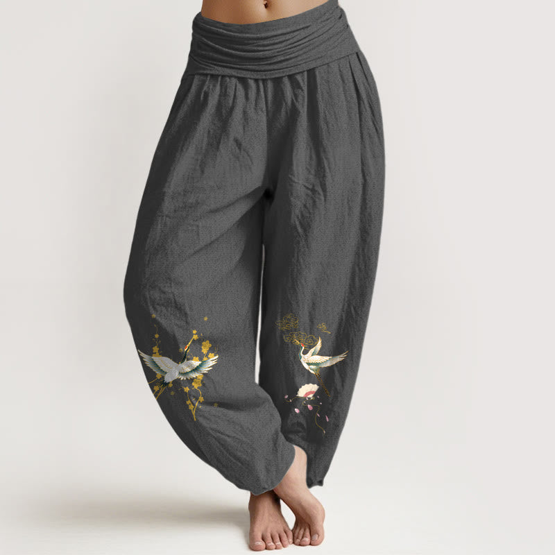 Pantalón tipo harem de mujer, de algodón puro, con cintura elástica, estampado de Buddha Stones , grulla, nubes auspiciosas y flores. - Gris tenue - US16，UK/AU20，EU48 (3XL) - image 0