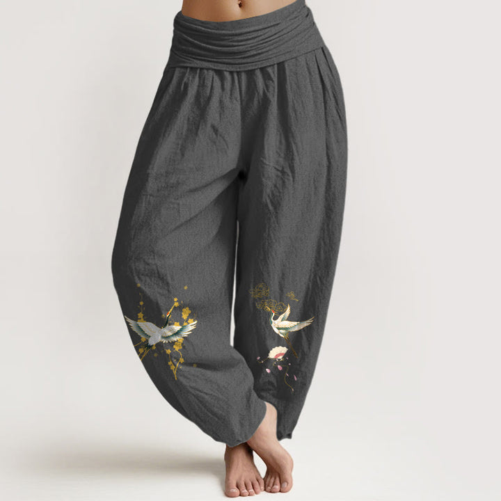 Pantalón tipo harem de mujer, de algodón puro, con cintura elástica, estampado de Buddha Stones , grulla, nubes auspiciosas y flores. - Gris tenue - US16，UK/AU20，EU48 (3XL) - image 0