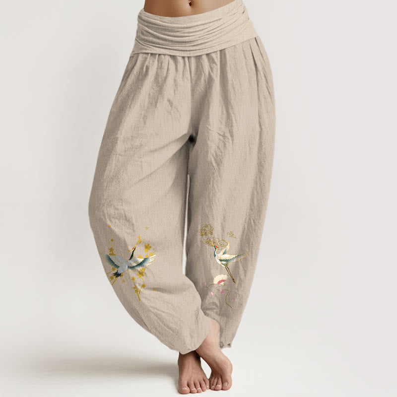 Pantalón tipo harem de mujer, de algodón puro, con cintura elástica, estampado de Buddha Stones , grulla, nubes auspiciosas y flores. - Broncearse - US16，UK/AU20，EU48 (3XL) - image 5