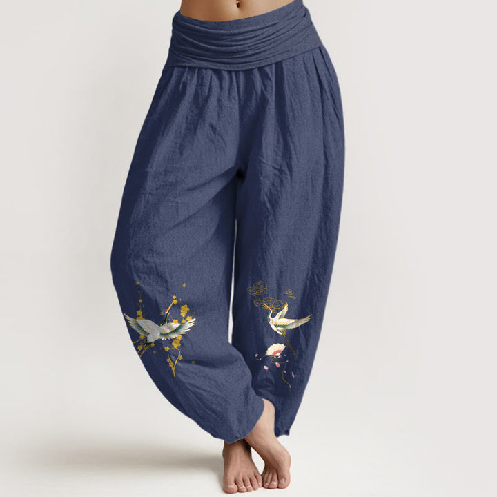 Pantalón tipo harem de mujer, de algodón puro, con cintura elástica, estampado de Buddha Stones , grulla, nubes auspiciosas y flores. - Azul pizarra oscuro - US16，UK/AU20，EU48 (3XL) - image 14