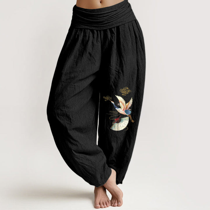 Pantalones bombachos de algodón con cintura elástica para mujer, con estampado de Buddha Stones, grulla, abanico plegable y nubes auspiciosas. - Negro - US16，UK/AU20，EU48 (3XL) - image 14