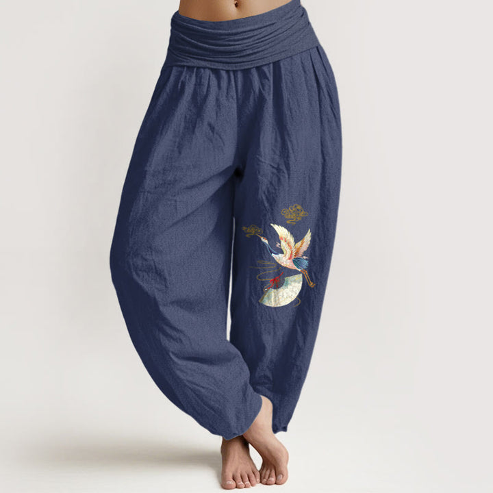 Pantalones bombachos de algodón con cintura elástica para mujer, con estampado de Buddha Stones, grulla, abanico plegable y nubes auspiciosas. - Azul pizarra oscuro - US16，UK/AU20，EU48 (3XL) - image 0