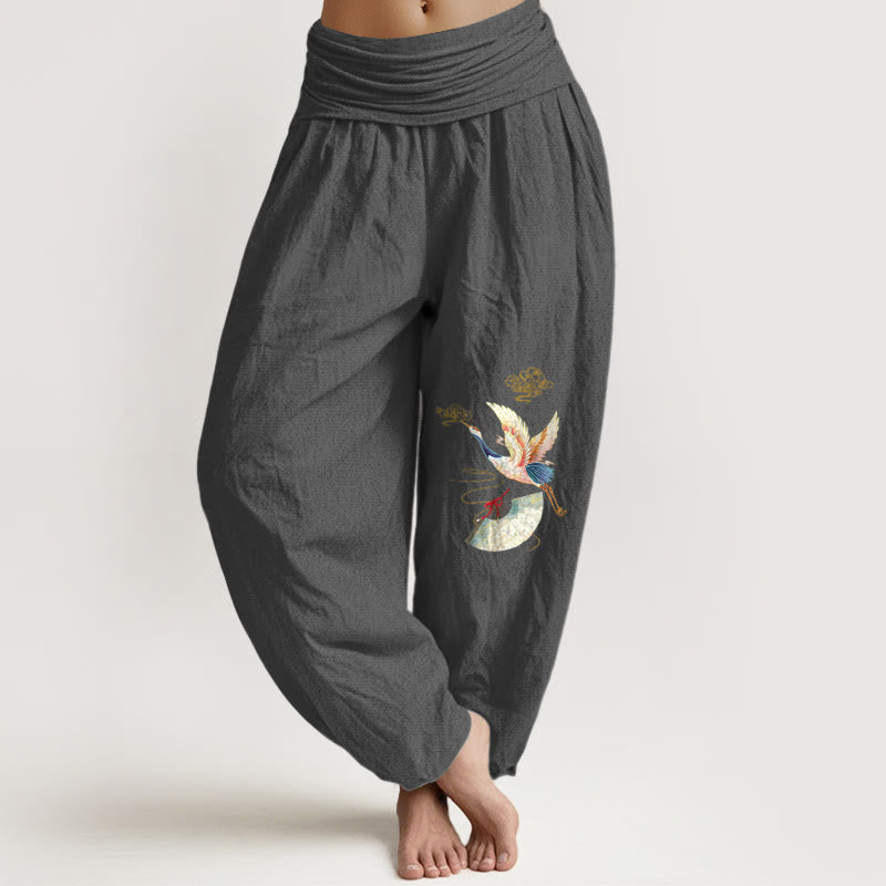 Pantalones bombachos de algodón con cintura elástica para mujer, con estampado de Buddha Stones, grulla, abanico plegable y nubes auspiciosas. - Gris tenue - US16，UK/AU20，EU48 (3XL) - image 5