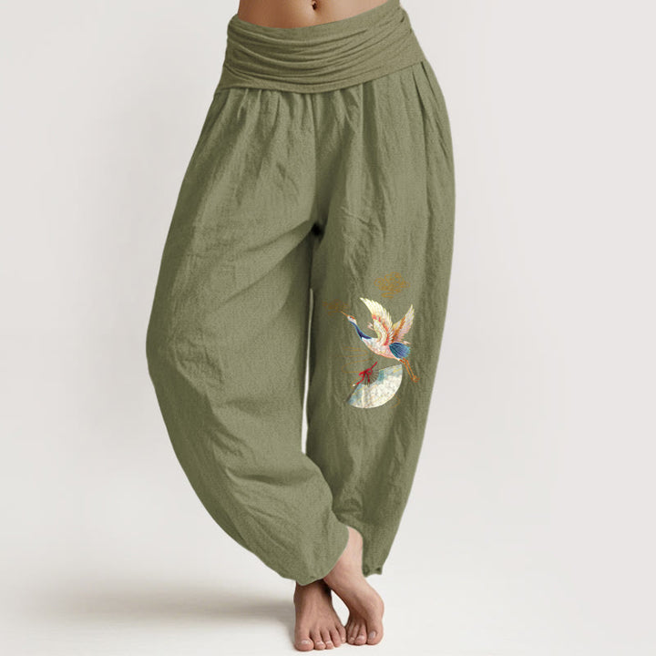 Pantalones bombachos de algodón con cintura elástica para mujer, con estampado de Buddha Stones, grulla, abanico plegable y nubes auspiciosas. - Verde oliva - US16，UK/AU20，EU48 (3XL) - image 11