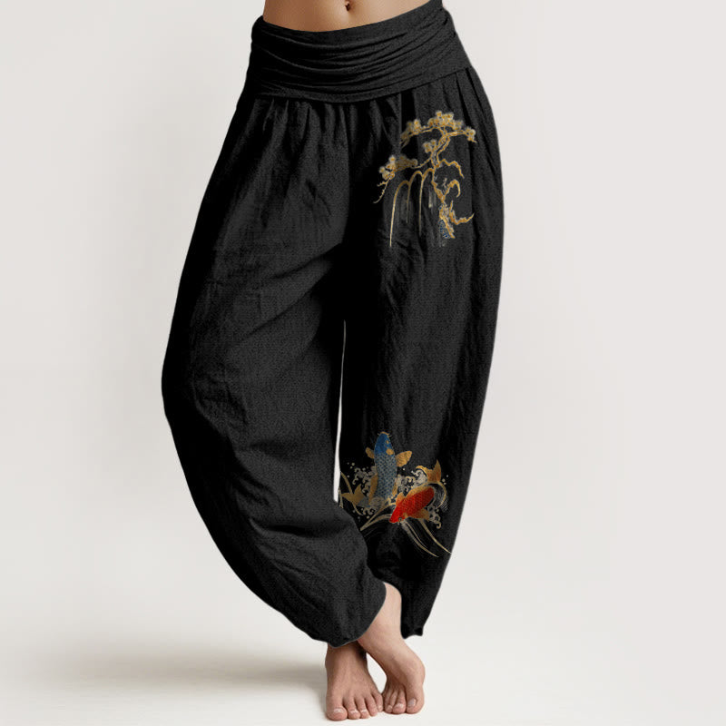 Pantalones bombachos de cintura elástica para mujer, de algodón puro con estampado de pinos y peces koi y piedras de Buddha Stones. - Negro - US16，UK/AU20，EU48 (3XL) - image 0