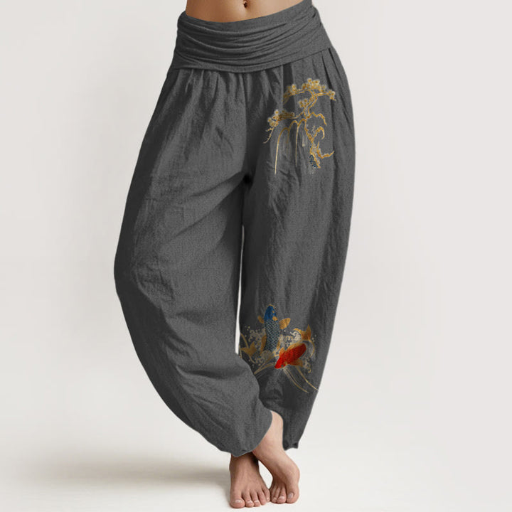 Pantalones bombachos de cintura elástica para mujer, de algodón puro con estampado de pinos y peces koi y piedras de Buddha Stones. - Gris oscuro - US16，UK/AU20，EU48 (3XL) - image 8