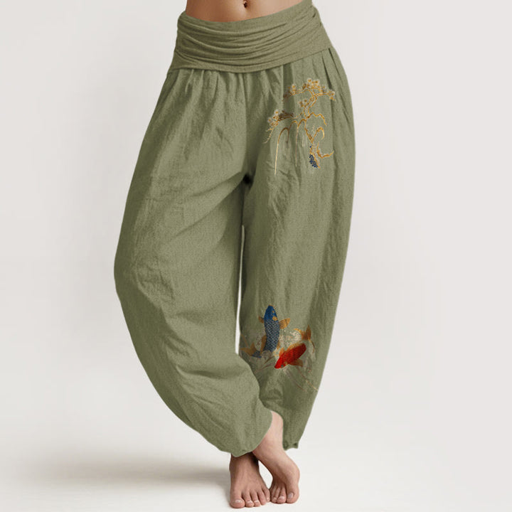 Pantalones bombachos de cintura elástica para mujer, de algodón puro con estampado de pinos y peces koi y piedras de Buddha Stones. - Verde oliva - US16，UK/AU20，EU48 (3XL) - image 14