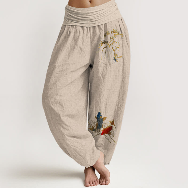 Pantalones bombachos de cintura elástica para mujer, de algodón puro con estampado de pinos y peces koi y piedras de Buddha Stones. - Broncearse - US16，UK/AU20，EU48 (3XL) - image 11