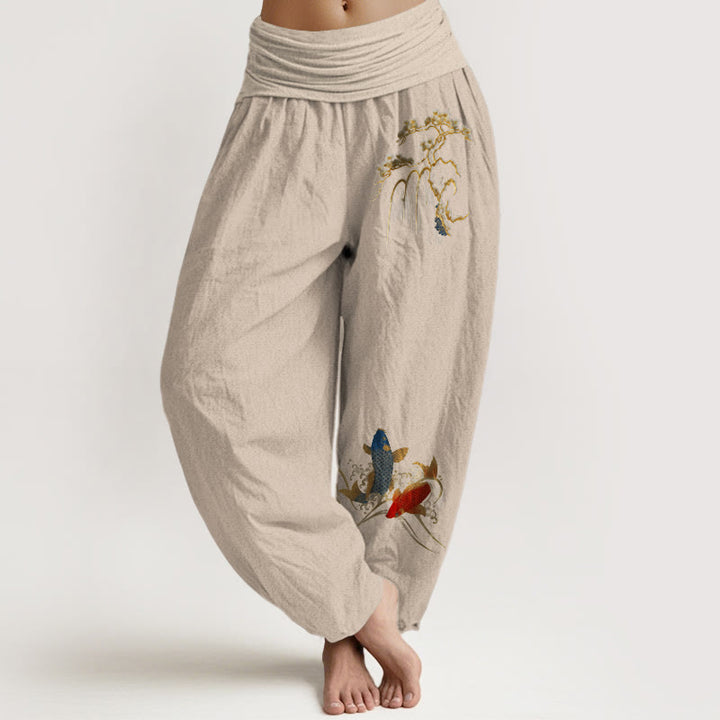 Pantalones bombachos de cintura elástica para mujer, de algodón puro con estampado de pinos y peces koi y piedras de Buddha Stones. - Broncearse - US16，UK/AU20，EU48 (3XL) - image 11