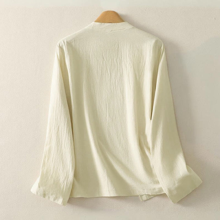 Camisa de algodón de manga larga para mujer con botones asimétricos y estampado de Buddha Stones en la parte delantera. - image 7