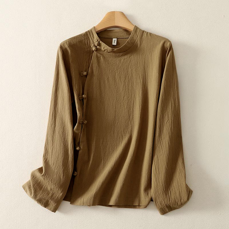 Camisa de algodón de manga larga para mujer con botones asimétricos y estampado de Buddha Stones en la parte delantera. - image 1