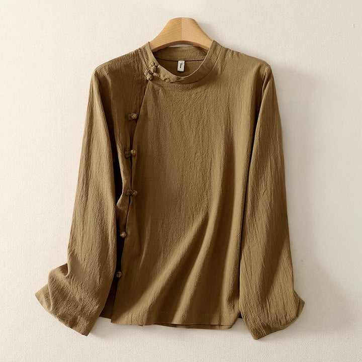 Camisa de algodón de manga larga para mujer con botones asimétricos y estampado de Buddha Stones en la parte delantera. - image 1