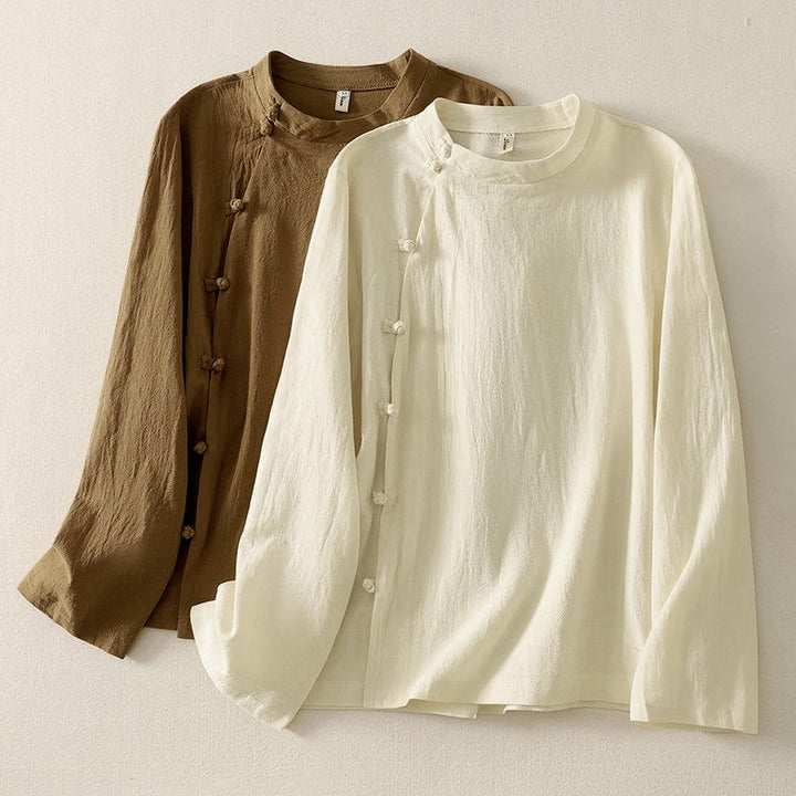 Camisa de algodón de manga larga para mujer con botones asimétricos y estampado de Buddha Stones en la parte delantera. - Vara de oro oscura - US8-10，UK/AU12-14，EU40-42 (2XL) - image 0