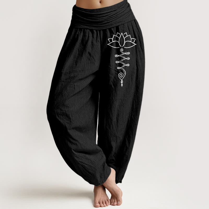Pantalones bombachos de algodón con cintura elástica para mujer, estampado de flores de loto con el símbolo Unalome y Buddha Stones. - Negro - US16，UK/AU20，EU48 (3XL) - image 11