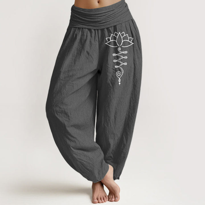 Pantalones bombachos de algodón con cintura elástica para mujer, estampado de flores de loto con el símbolo Unalome y Buddha Stones. - Gris oscuro - US16，UK/AU20，EU48 (3XL) - image 0