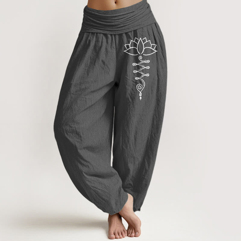 Pantalones bombachos de algodón con cintura elástica para mujer, estampado de flores de loto con el símbolo Unalome y Buddha Stones. - Gris tenue - US16，UK/AU20，EU48 (3XL) - image 0