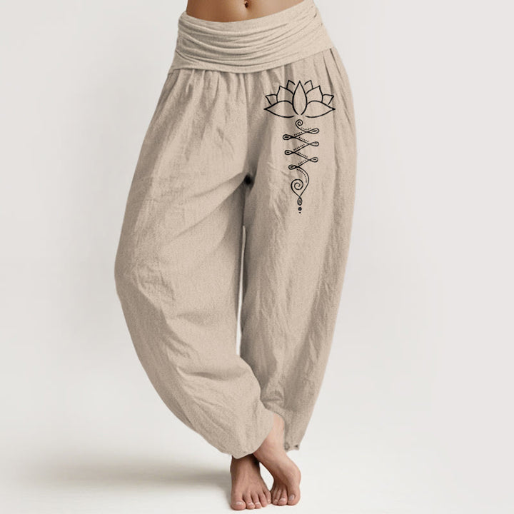 Pantalones bombachos de algodón con cintura elástica para mujer, estampado de flores de loto con el símbolo Unalome y Buddha Stones. - Broncearse - US16，UK/AU20，EU48 (3XL) - image 5