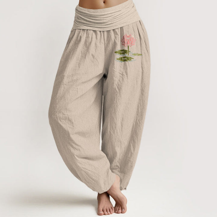Pantalones bombachos de cintura elástica para mujer, de algodón puro con estampado de hojas y flores de loto de Buddha Stones. - Broncearse - US16，UK/AU20，EU48 (3XL) - image 11