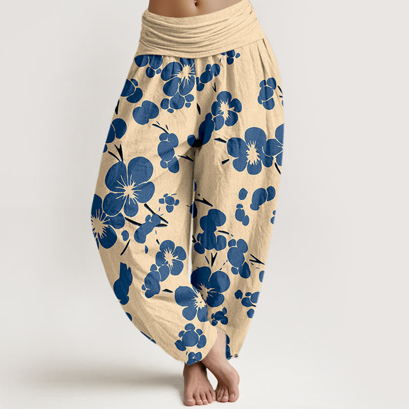 Pantalones bombachos de cintura elástica para mujer con estampado floral de flores de algodón puro y Buddha Stones - Azul acero - US16，UK/AU20，EU48 (3XL) - image 0