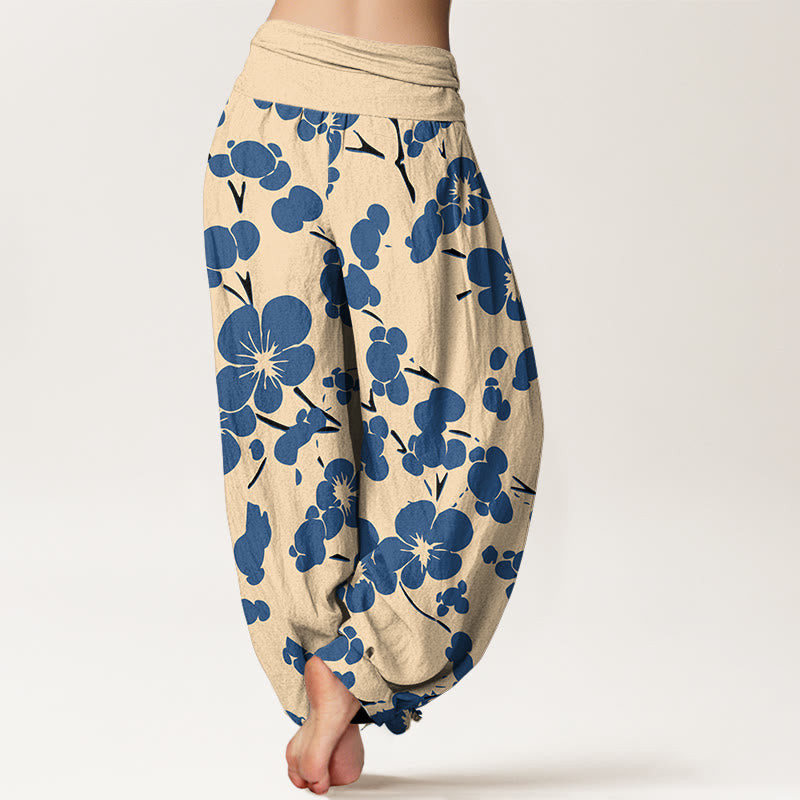 Pantalones bombachos de cintura elástica para mujer con estampado floral de flores de algodón puro y Buddha Stones - image 1