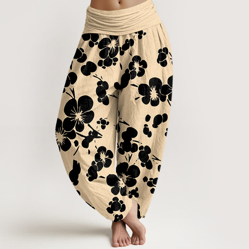 Pantalones bombachos de cintura elástica para mujer con estampado floral de flores de algodón puro y Buddha Stones - Negro - US16，UK/AU20，EU48 (3XL) - image 5