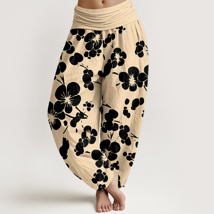 Pantalones bombachos de cintura elástica para mujer con estampado floral de flores de algodón puro y Buddha Stones - Negro - US16，UK/AU20，EU48 (3XL) - image 5
