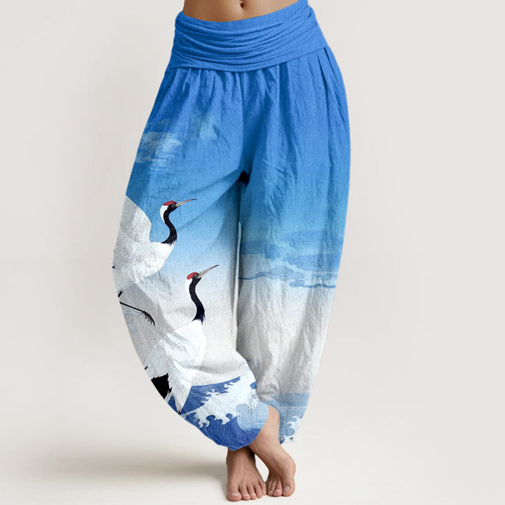 Pantalones bombachos de cintura elástica para mujer con estampado de Buddha Stones , nubes auspiciosas y océano. - Azul cielo claro - US16，UK/AU20，EU48 (3XL) - image 8