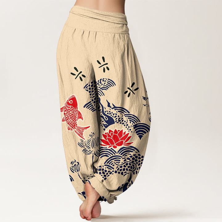 Pantalón tipo harem de cintura elástica para mujer , con Buddha Stones , peces koi, flores de loto y océano, de algodón puro. - image 1