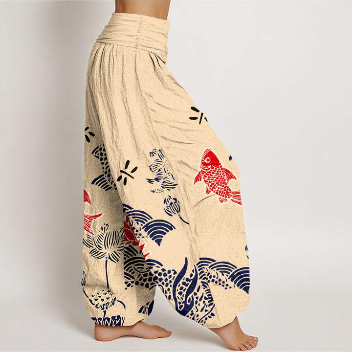 Pantalón tipo harem de cintura elástica para mujer , con Buddha Stones , peces koi, flores de loto y océano, de algodón puro. - image 2