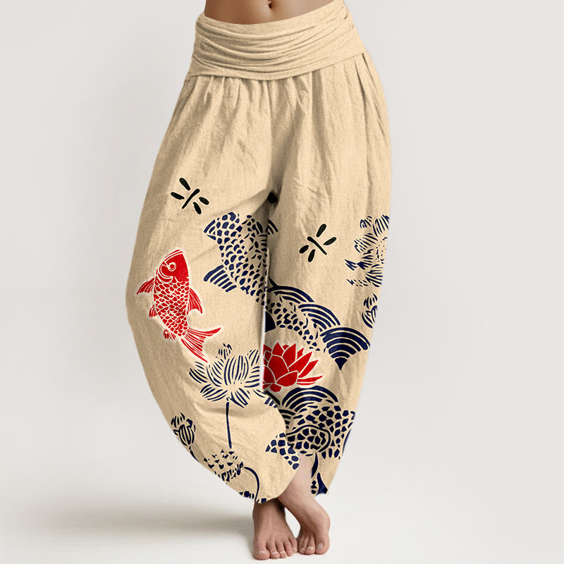 Pantalón tipo harem de cintura elástica para mujer , con Buddha Stones , peces koi, flores de loto y océano, de algodón puro. - PapayaWhip - US16，UK/AU20，EU48 (3XL) - image 0