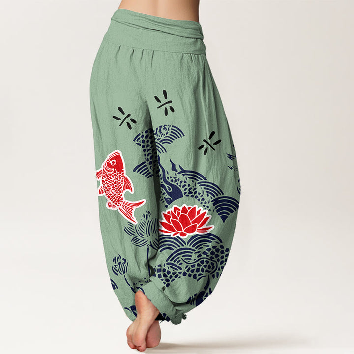 Pantalón tipo harem de cintura elástica para mujer , con Buddha Stones , peces koi, flores de loto y océano, de algodón puro. - image 6