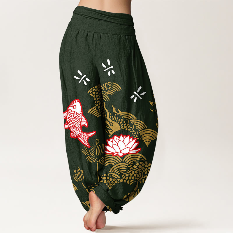 Pantalón tipo harem de cintura elástica para mujer , con Buddha Stones , peces koi, flores de loto y océano, de algodón puro. - image 9