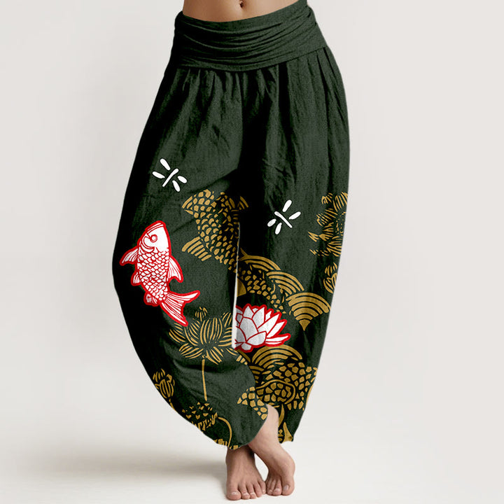 Pantalón tipo harem de cintura elástica para mujer , con Buddha Stones , peces koi, flores de loto y océano, de algodón puro. - Verde oscuro - US16，UK/AU20，EU48 (3XL) - image 8