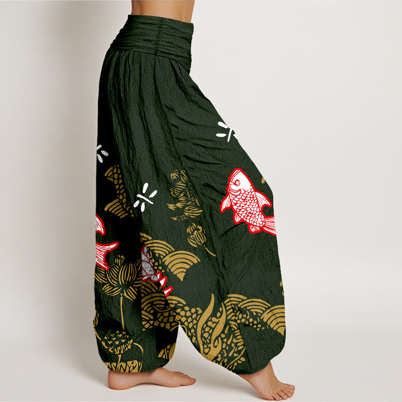 Pantalón tipo harem de cintura elástica para mujer , con Buddha Stones , peces koi, flores de loto y océano, de algodón puro. - image 10