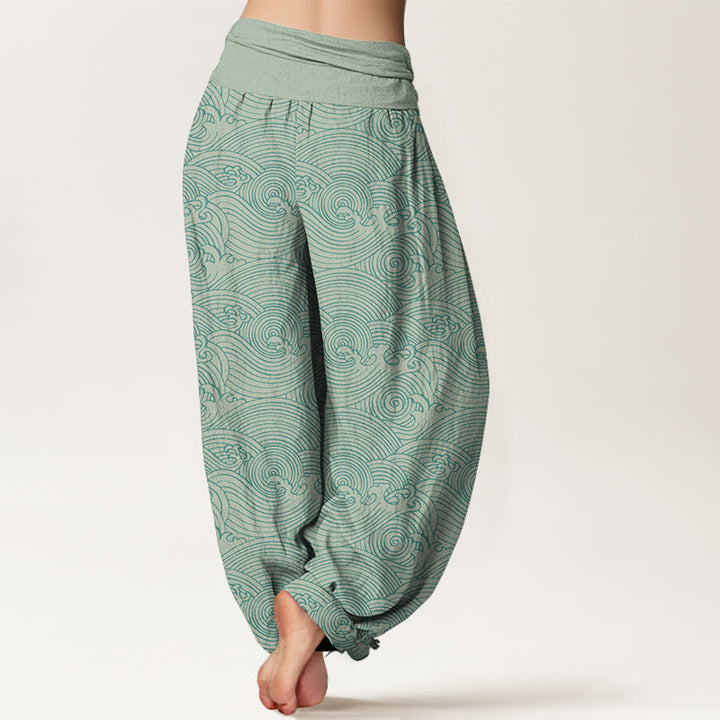 Pantalones bombachos de cintura elástica para mujer con estampado de olas del océano y diseño de Buddha Stones, de algodón puro Fu Character. - image 1