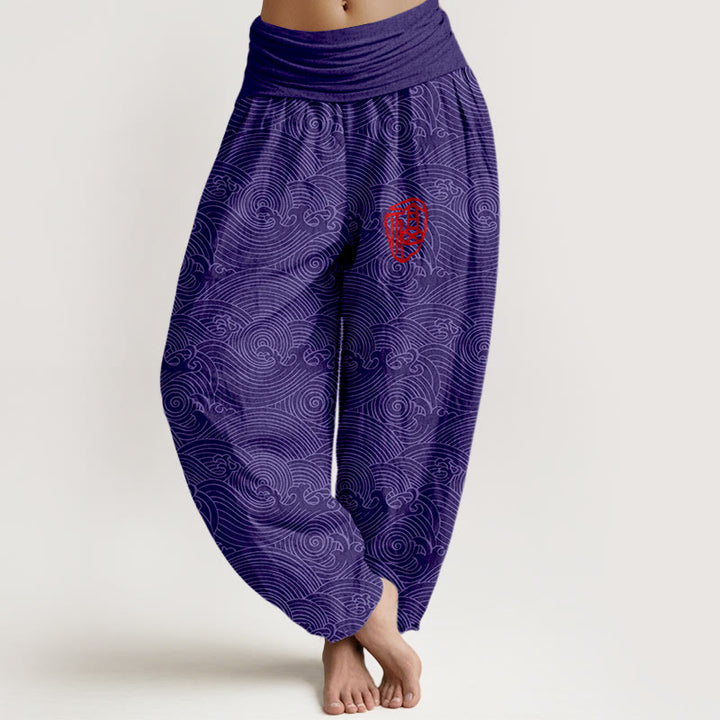 Pantalones bombachos de cintura elástica para mujer con estampado de olas del océano y diseño de Buddha Stones, de algodón puro Fu Character. - Violeta oscuro - US16，UK/AU20，EU48 (3XL) - image 5