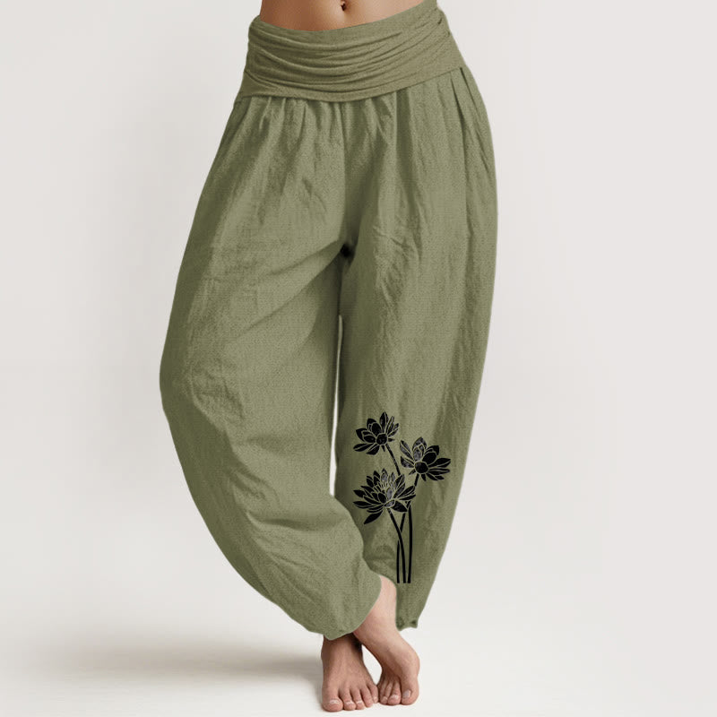 Pantalones bombachos de algodón con cintura elástica para mujer, con estampado informal de tres flores de loto y piedras de Buddha Stones. - Verde oliva - US16，UK/AU20，EU48 (3XL) - image 8