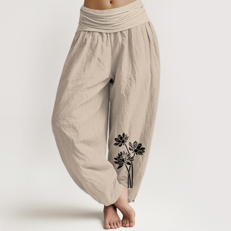 Pantalones bombachos de algodón con cintura elástica para mujer, con estampado informal de tres flores de loto y piedras de Buddha Stones. - Broncearse - US16，UK/AU20，EU48 (3XL) - image 5