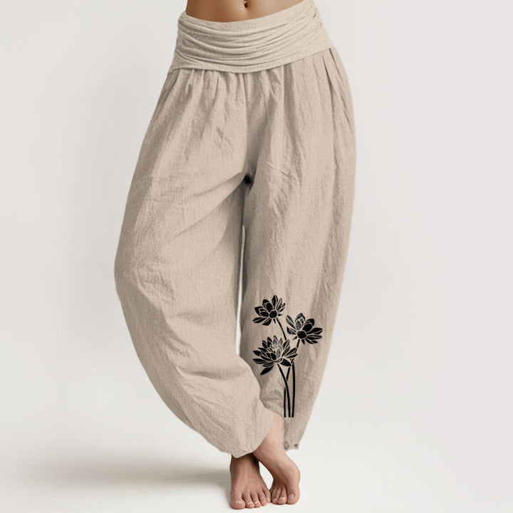 Pantalones bombachos de algodón con cintura elástica para mujer, con estampado informal de tres flores de loto y piedras de Buddha Stones. - Broncearse - US16，UK/AU20，EU48 (3XL) - image 5