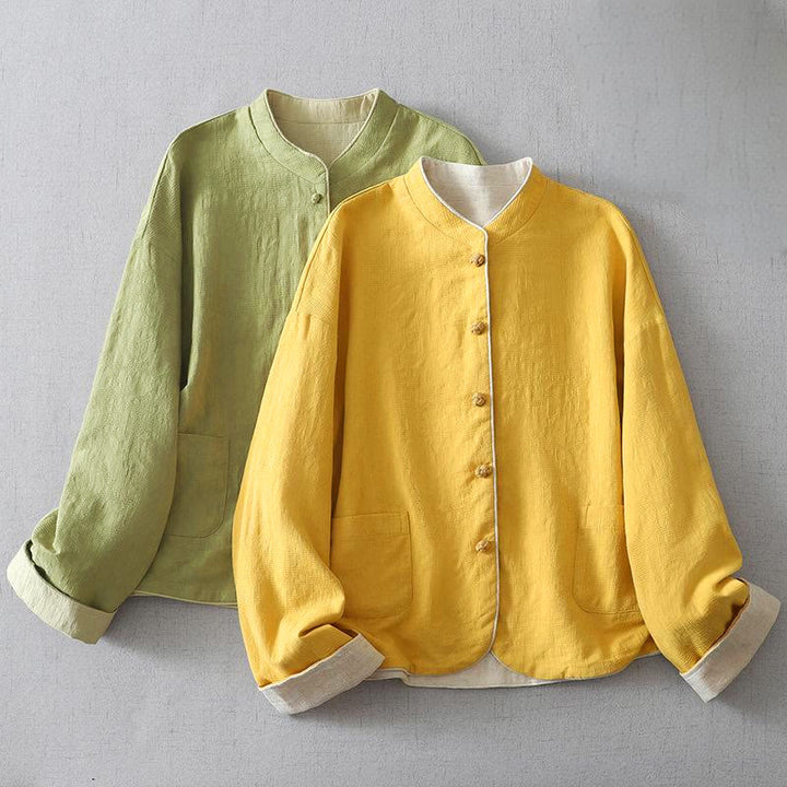 Chaqueta de algodón y lino lisa de manga larga con cuello alto y bolsillos para mujer de Buddha Stones - image 4