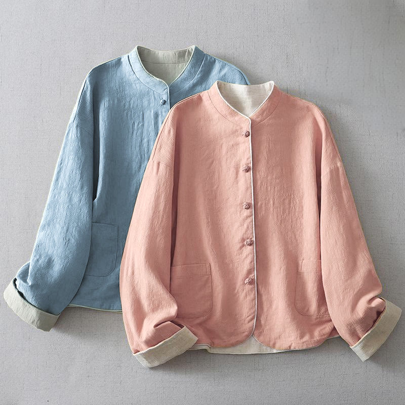 Chaqueta de algodón y lino lisa de manga larga con cuello alto y bolsillos para mujer de Buddha Stones - image 9