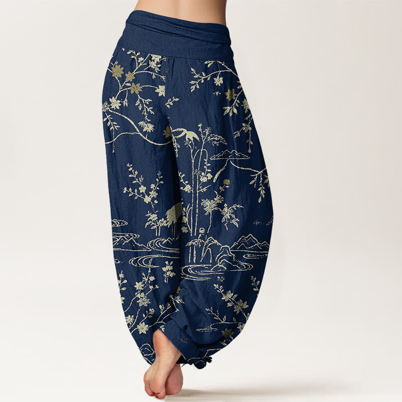 Pantalón tipo harem de algodón puro con cintura elástica y estampado de Buddha Stones y flores en color 100%. - image 1