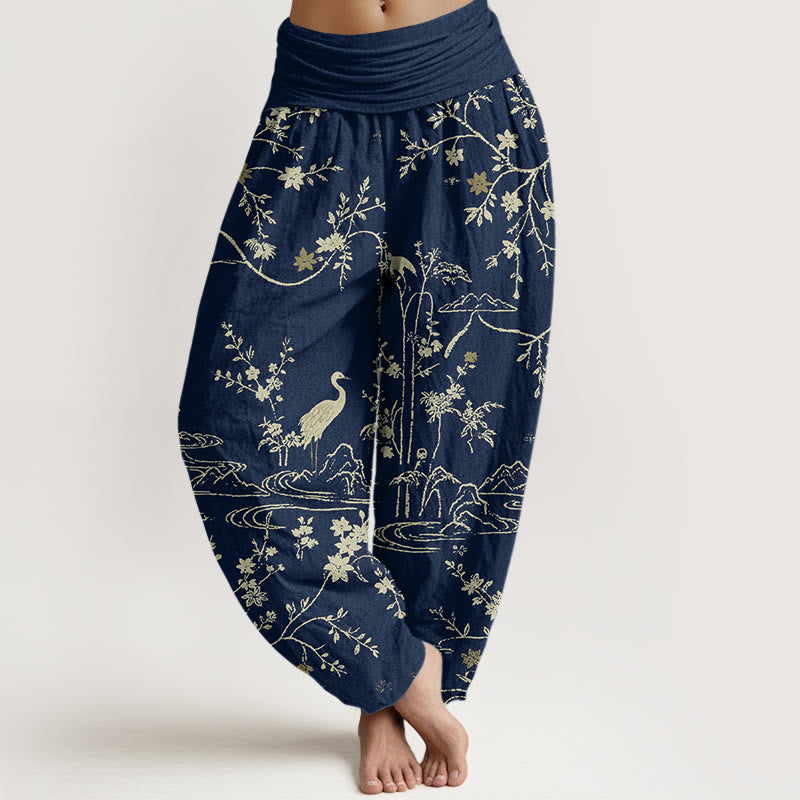 Pantalón tipo harem de algodón puro con cintura elástica y estampado de Buddha Stones y flores en color 100%. - Azul medianoche - US16，UK/AU20，EU48 (3XL) - image 0