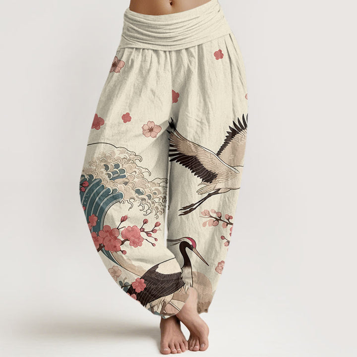 Pantalones bombachos de cintura elástica para mujer con estampado de piedras de Buddha Stones , flores de melocotón y océano. - Lino - US16，UK/AU20，EU48 (3XL) - image 8