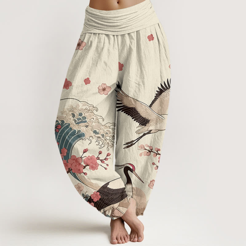Pantalones bombachos de cintura elástica para mujer con estampado de piedras de Buddha Stones , flores de melocotón y océano. - Lino - US16，UK/AU20，EU48 (3XL) - image 8