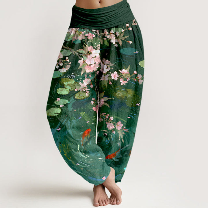 Pantalones bombachos de cintura elástica para mujer, de algodón puro con estampado de flores de sakura, peces koi y hojas de loto, con Buddha Stones. - Verdemar - US16，UK/AU20，EU48 (3XL) - image 0