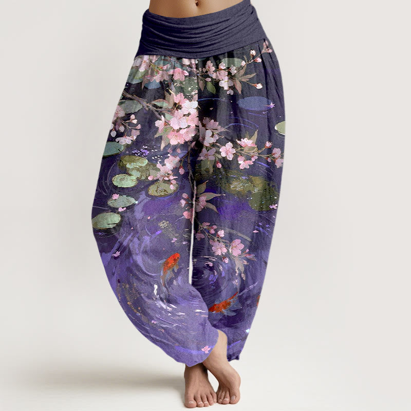 Pantalones bombachos de cintura elástica para mujer, de algodón puro con estampado de flores de sakura, peces koi y hojas de loto, con Buddha Stones. - Violeta oscuro - US16，UK/AU20，EU48 (3XL) - image 5
