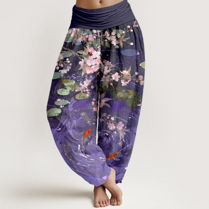 Pantalones bombachos de cintura elástica para mujer, de algodón puro con estampado de flores de sakura, peces koi y hojas de loto, con Buddha Stones. - Violeta oscuro - US16，UK/AU20，EU48 (3XL) - image 5